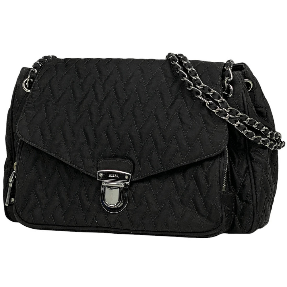 Prada Logo Chain Shoulder Bag Handbag Quilted Nero Black